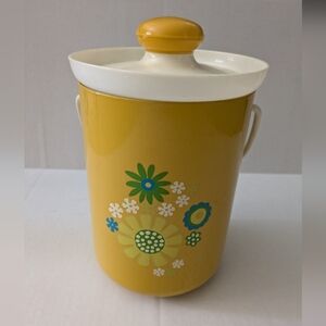 Vintage MCM Kromex ice bucket. Yellow with mod flowers. Tongs included.